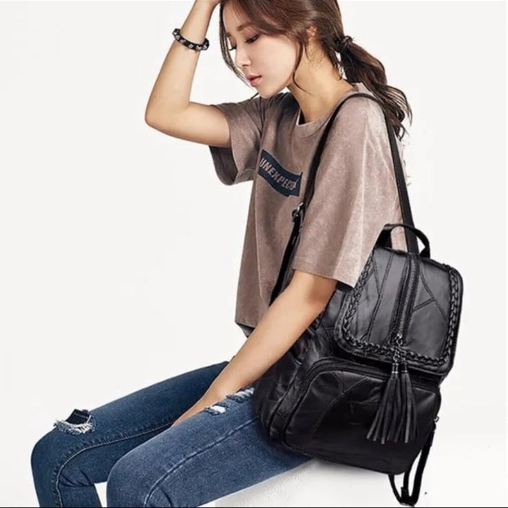 Vegan PU Leather Black Backpack Travel Bag - Picture 4 of 8